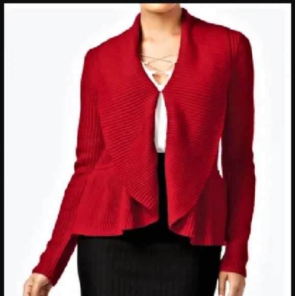 Cable & Gauge Deep Red Ruffle Peplum Sweater Size Small - Picture 2 of 12